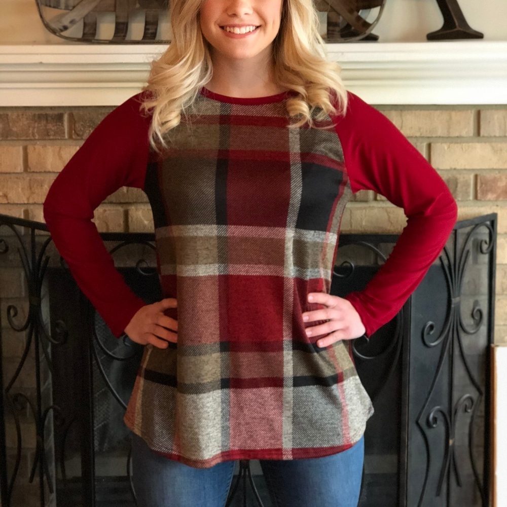 Burgundy Plaid Top - PLUS - Picture 2 of 3